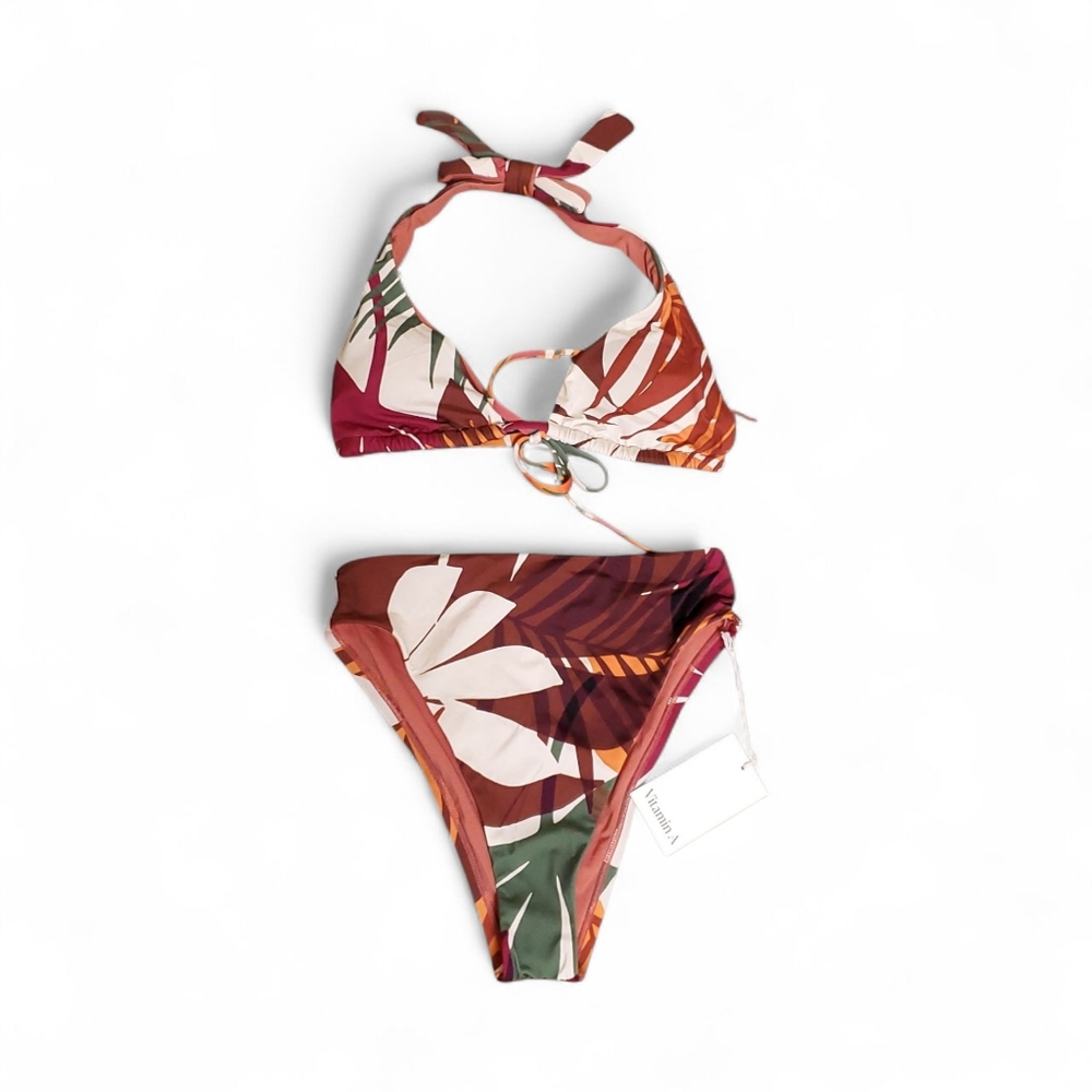 Vitamin A Tropical Leaf Print Bikini in Burgundy, Rust, Green, Cream